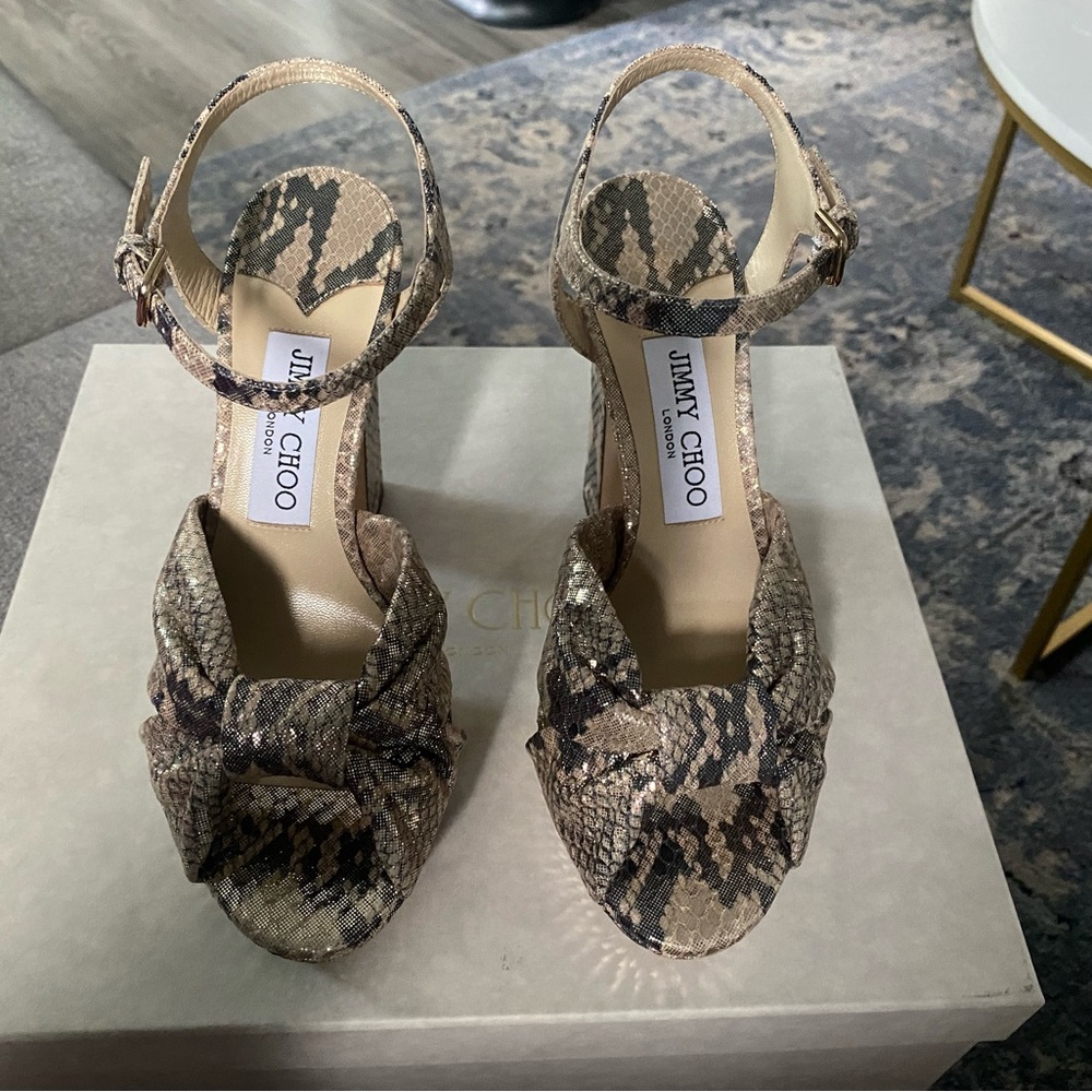 Jimmy Choos, size 37, snake print, platinum